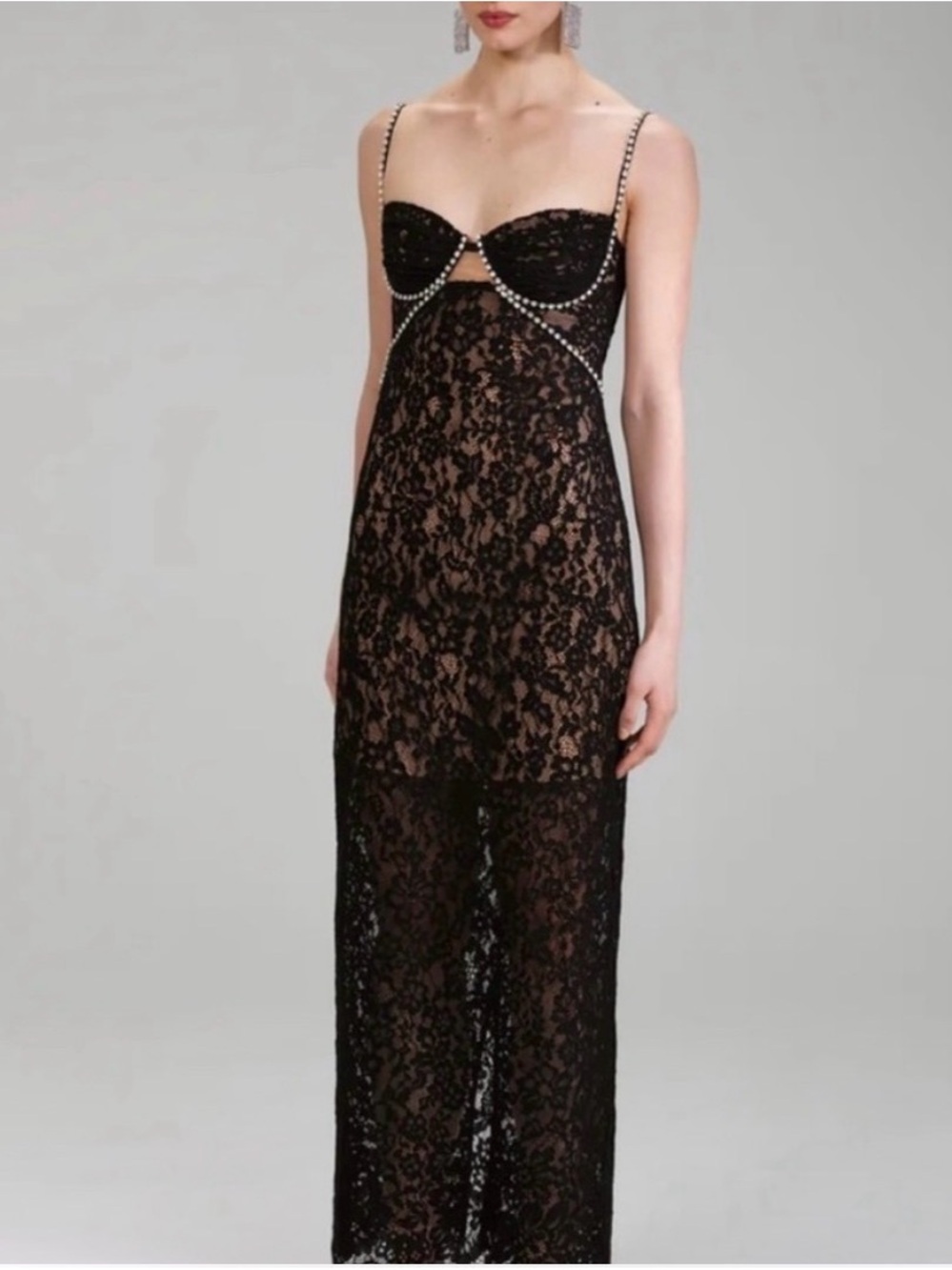 NWT Self-Portrait Black Lace Rhinestone-Trim Gown
